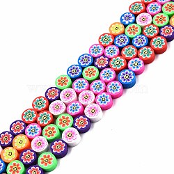 Handmade Polymer Clay Beads Strand, Flat Round with Flower & Smiling Face, Colorful, 9.5x4.5mm, Hole: 1.5mm, about 40pcs/strand, 14.25 inch~14.49 inch(36.2~36.8cm)(CLAY-T020-32)