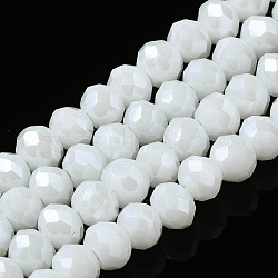 Electroplate Glass Beads Strands, Pearl Luster Plated, Faceted, Rondelle, White, 4x3mm, Hole: 0.4mm, about 123~127pcs/strand, 16.5~16.9 inch(42~43cm)(EGLA-A034-P4mm-A21)