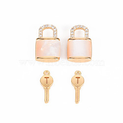 Brass Micro Pave Clear Cubic Zirconia Charms, with Freshwater Shell, Nickel Free, Lock with Key, Real 18K Gold Plated, Lock: 12.5x8x4mm, Hole: 3.5mm, Key: 11.5x4.5x1, Hole: 0.8mm(KK-T062-159G-NF)