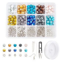 SUNNYCLUE DIY Earring & Bracelets Making Kits, Including Baking Painted Glass Beads, Brass Earring Hooks, Brass & Alloy Spacer Beads, Elastic Crystal Thread, Steel Scissors and Iron Beading Needles, Mixed Color, Glass Beads: 8.5~9mm, Hole: 1.5mm, 200pcs/set(DIY-SC0013-27)