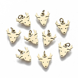 304 Stainless Steel Charms, Laser Cut, with Jump Ring, Christmas Reindeer/Stag, for Christmas, Real 14K Gold Plated, 8x8x1mm, Jump Ring: 3x0.4mm, 2.2mm inner diameter(STAS-S116-068G)