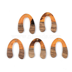 Resin & Walnut Wood Pendants, U Shape, Orange, 28x24x3mm, Hole: 2mm(RESI-S389-058B-A01)