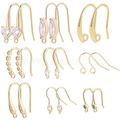 Elite 18Pcs 9 Style  Brass Earring Hooks, Ear Wire, with Clear Cubic Zirconia & Rhinestone, Cadmium Free & Lead Free, Real 18K Gold Plated, 13~23x7.5~22x0.5~5mm, Hole: 1~2.5mm, Pin: 0.5~0.8mm, 2pcs/style(KK-PH002-82)