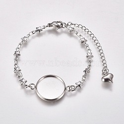 304 Stainless Steel Bracelet Making, with Lobster Claw Clasps, Star Link Chains and Flat Round Cabochon Settings, Stainless Steel Color, Tray: 16mm, 6-1/8 inch(15.5cm)(STAS-L248-008P)