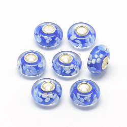 Handmade Lampwork European Beads, with Brass Single Core and Flower, Large Hole Beads, Rondelle, Platinum, Royal Blue, 14x7.5~8mm, Hole: 4.5mm(LAMP-T004-16C)