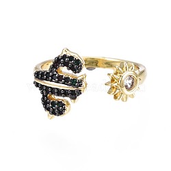 Black Cubic Zirconia Cactus and Sun Open Cuff Ring for Women, Nickel Free, Real 18K Gold Plated, US Size 7 1/4(17.5mm)(RJEW-N035-087)