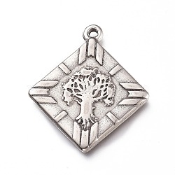 201 Stainless Steel Pendants, Rhombus with Tree of Life, Stainless Steel Color, 30x26.5x2.5mm, Hole: 1.6mm(STAS-Z019-08P)