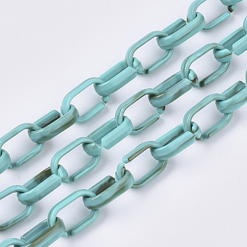 Handmade Acrylic Cable Chains, Imitation Gemstone Style, Two Tone Color, Flat Oval, Dark Turquoise, 19x12x4.5mm, about 39.37 inch(1m)/strand