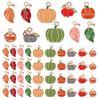 Autumn Theme PandaHall Elite 60Pcs 10 Style Alloy Enamel Pendants, Light Gold, Leaf & Pumpkin, Mixed Color, 12~20x10~16x2~10mm, Hole: 1.5~2mm, 6pcs/style