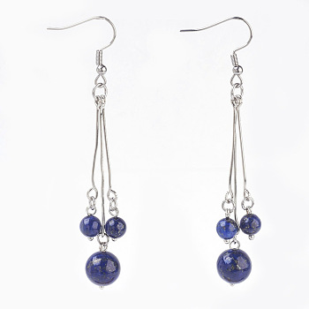 Natural Lapis Lazuli Dangle Earrings, with 304 Stainless Steel Earring Hooks and Iron Eye Pins, Round, 77~78mm, Pendant: 57~58mm, Pin: 0.6mm