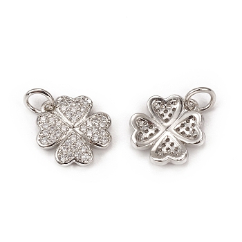 Brass Micro Pave Cubic Zirconia Charms, with Jump Ring, Clover Charm, Platinum, 12x11x2mm, Hole: 3mm