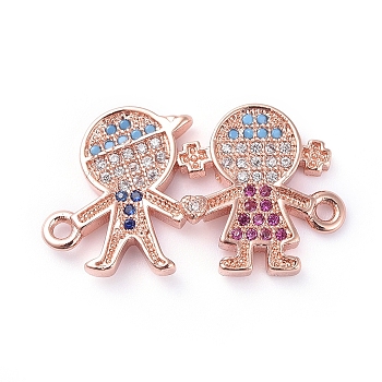 Valentine's Day Theme, Brass Micro Pave Cubic Zirconia Links connectors, Boy and Girl/Lover, Colorful, Rose Gold, 13.5x23.5x2mm, Hole: 1.2mm