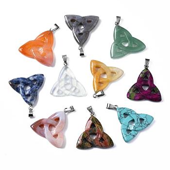 Triangle Natural & Synthetic Mixed Stone Pendants with Brass Clasps, Platinum Metal Color, Mixed Color, 34x33x5.5mm, Hole: 10x4mm