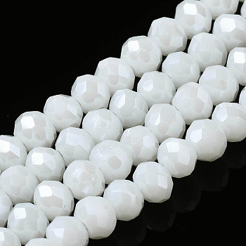 Electroplate Glass Beads Strands, Pearl Luster Plated, Faceted, Rondelle, White, 4x3mm, Hole: 0.4mm, about 113~115pcs/strand, 41~42cm