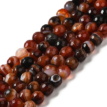 Natural Striped Agate/Banded Agate Beads Strands, Dyed & Heated, Faceted Round, Brown, 8mm, Hole: 1mm, about 46pcs/strand, 14.69~15.16''(37.3~38.5cm)