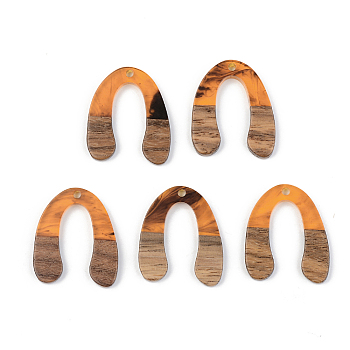 Resin & Walnut Wood Pendants, U Shape, Orange, 28x24x3mm, Hole: 2mm