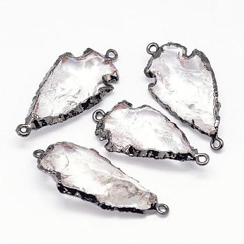 Electroplate Quartz Crystal Links Connectors, Rock Crystal, with Brass Finding, Arrowhead, Gunmetal, 30~47x14~23x5~12mm, Hole: 2mm