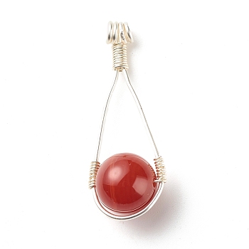 Natural Carnelian Pendants, with Silver Copper Wire Wrapped, Round, 40x15x12mm, Hole: 2mm