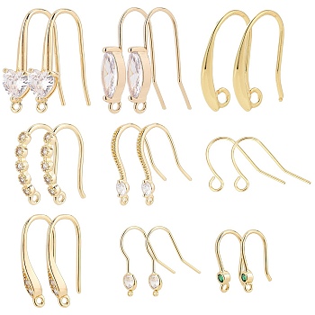Elite 18Pcs 9 Style  Brass Earring Hooks, Ear Wire, with Clear Cubic Zirconia & Rhinestone, Cadmium Free & Lead Free, Real 18K Gold Plated, 13~23x7.5~22x0.5~5mm, Hole: 1~2.5mm, Pin: 0.5~0.8mm, 2pcs/style