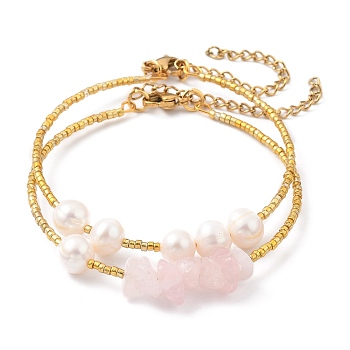 Plated Glass Bugle Beaded Bracelets Sets, Stackable Bracelets, with Chip Natural Rose Quartz Beads, Natural Pearl Beads and 304 Stainless Steel Lobster Claw Clasps, Golden, Inner Diameter: 2 inch(5.2cm), 2pcs/Set