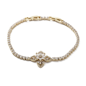 Brass Flower Link Bracelet with Clear Cubic Zirconia Tennis Chains, Long-Lasting Plated, Golden, 7-1/8 inch(18cm)