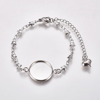 304 Stainless Steel Bracelet Making, with Lobster Claw Clasps, Star Link Chains and Flat Round Cabochon Settings, Stainless Steel Color, Tray: 16mm, 6-1/8 inch(15.5cm)