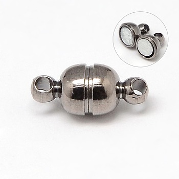 Round Brass Magnetic Clasps with Loops, N35 Grade Strong Magnet, Oval, Gunmetal, 11x5mm, Hole: 1mm