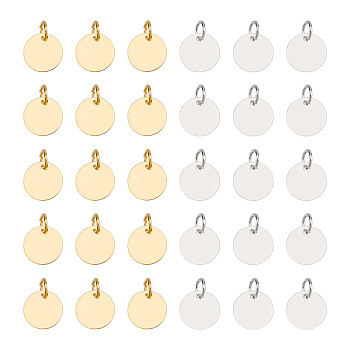 100Pcs 2 Colors Brass Stamping Blank Tag Charms, Nickel Free, Flat Round, Golden & Silver, 12x0.25mm, Hole: 4mm, 50pcs/color