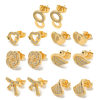 Light Gold Brass Micro Pave Cubic Zirconia Stud Earrings for Women, Mixed Shapes, 10~16x10~14mm