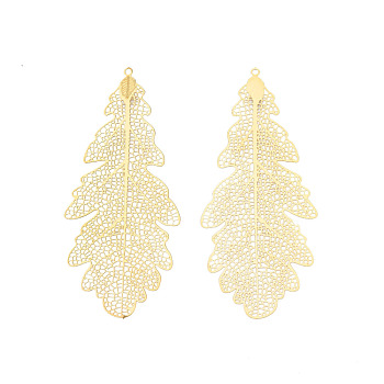 304 Stainless Steel Big Pendants, Etched Metal Embellishments, Leaf, Real 18K Gold Plated, 67x28.5x0.3mm, Hole: 1.2mm