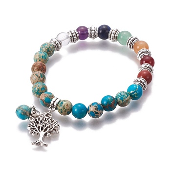 Chakra Jewelry, Natural Regalite/Imperial Jasper/Sea Sediment Jasper Bracelets, with Metal Tree Pendants, 50mm