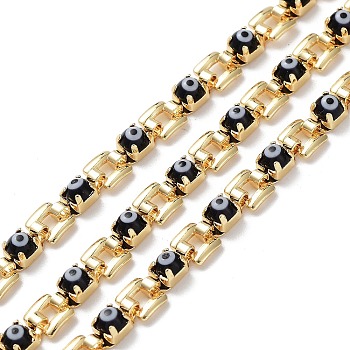 Handmade Glass Evil Eye Link Chains, with Real 18K Gold Plated Brass Findings, Unwelded, with Spool, Black, 5x5x1mm