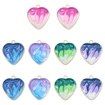10Pcs 5 Colors Rack Plating Alloy Enamel Pendants, Cadmium Free & Nickel Free & Lead Free, Light Gold, Heart Charm, Mixed Color, 25.5x23x2mm, Hole: 2mm, 2pcs/color
