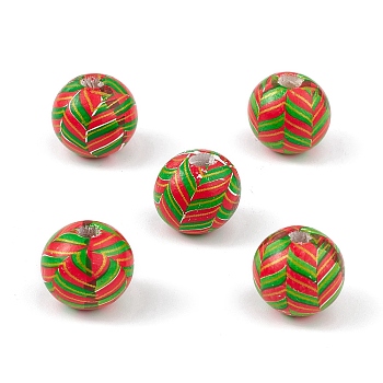 Printed Natural Wood European Beads, Large Hole Bead, Round with Christmas Theme Pattern, Green, 16mm, Hole: 4mm