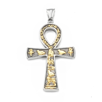 Ion Plating(IP) 304 Stainless Steel Big Pendants, Ankh Cross Charm, Antique Silver & Golden, 58.5x35.5x3.5mm, Hole: 4x7mm