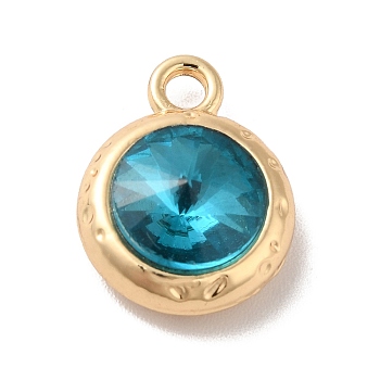 Glass Pendants, Rack Plating Golden Alloy Findings, Nickel Free, Flat Round Charms, Deep Sky Blue, 15x11.5x6mm, Hole: 2mm
