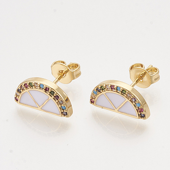 Brass Cubic Zirconia Stud Earrings, with Enamel and Ear Nuts, Half Round/Semicircle, Golden, White, 6x12mm, Pin: 0.7mm
