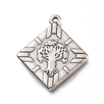 201 Stainless Steel Pendants, Rhombus with Tree of Life, Stainless Steel Color, 30x26.5x2.5mm, Hole: 1.6mm