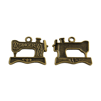 Tibetan Style Alloy Sewing Machine Pendants, with Word Singer, Cadmium Free & Nickel Free & Lead Free, Antique Bronze, 17x20x1.5mm, Hole: 2mm