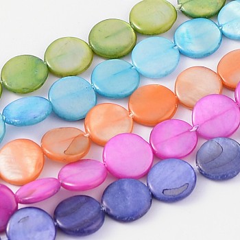 Natural Shell Beads Strands, Flat Round, Dyed, Mixed Color, about 10mm in diameter, hole: 0.5mm, about 40 pcs/strand, 16 inch