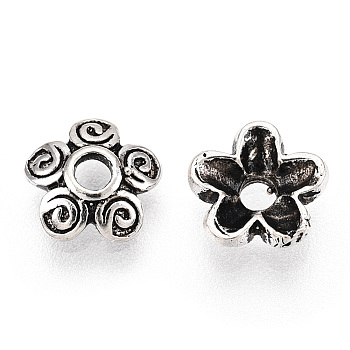 Tibetan Style 925 Sterling Silver Bead Caps, 5-Petal Flower, with S925 Stamp, Antique Silver, 7x7x2mm, Hole: 1.8mm