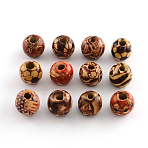 Round Printed Wood Beads, Mixed Color, 14~15x13mm, Hole: 3~4mm(X-WOOD-R243-13mm-M2)