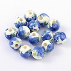 Floral Printed Porcelain Beads, Flower Patterned Ceramic Beads, Round, Royal Blue, 10mm, Hole: 3mm(PORC-Q199-10mm-19)