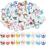 54Pcs Handmade Porcelain Beads, Printed, Column with Flower Pattern, Mixed Color, 10~10.5x8mm, Hole: 2mm, 6Pcs/Colors, 9 Colors(PORC-SC0001-26A)