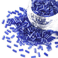 Transparent Colours Luster Glass Bugle Beads, Round Hole, Royal Blue, 3~8x2mm, Hole: 0.7mm, about 450g/pound(SEED-N005-001-A02)