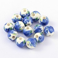 Handmade Printed Porcelain Beads, Round, Royal Blue, 10mm, Hole: 3mm(PORC-Q199-10mm-19)