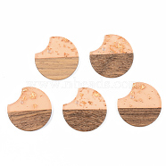 Transparent Resin & Walnut Wood Pendants, with Gold Foil, Gap Flat Round, Dark Salmon, 23x24.5x3mm, Hole: 2mm(RESI-S389-038A-B04)
