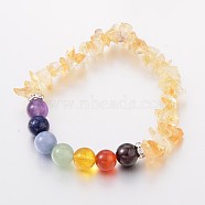 Natural Citrine(Dyed & Heated) Chips and Round Chakra Natural Gemstone Beaded Stretch Bracelets, 50~53mm(BJEW-JB01990-04)