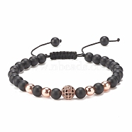 Natural Obsidian & Synthetic Hematite Braided Bead Bracelet with Cubic Zirconia, Gemstone Jewelry for Women, Rose Gold, Inner Diameter: 2-1/8~3-5/8 inch(5.4~9.2cm)(BJEW-JB08117-01)
