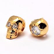 Brass Beads, Micro Pave Grade AAA Cubic Zirconia, Skull, Cadmium Free & Nickel Free & Lead Free, Real 18K Gold Plated, 12.5x9x10mm, Hole: 2mm(KK-G270-02-NR)